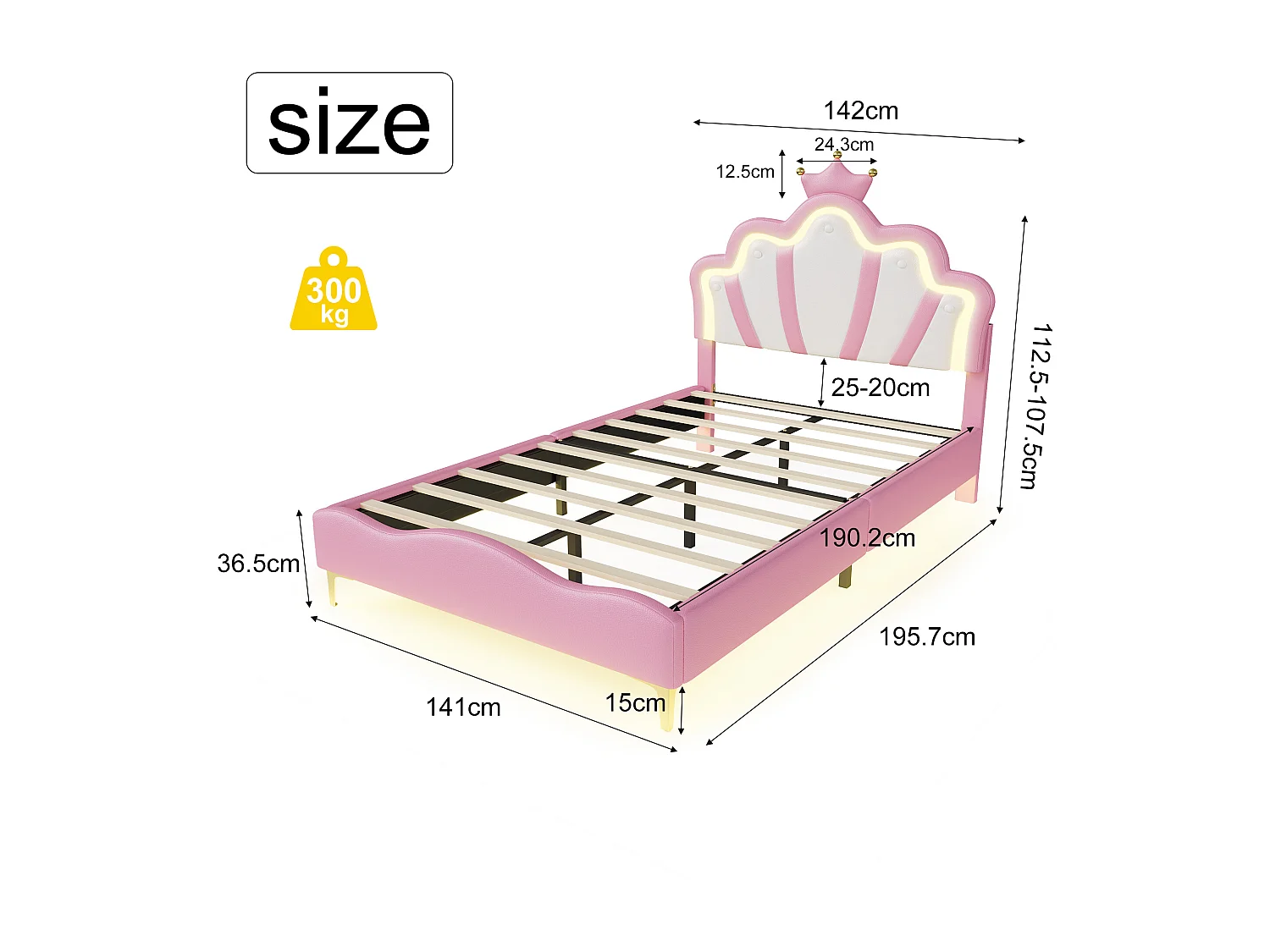 Lit Enfant 140 x 190cm, Lit pour Enfant rembourré avec LED réglable, avec tête de Fleur et sommier à Lattes, Rose