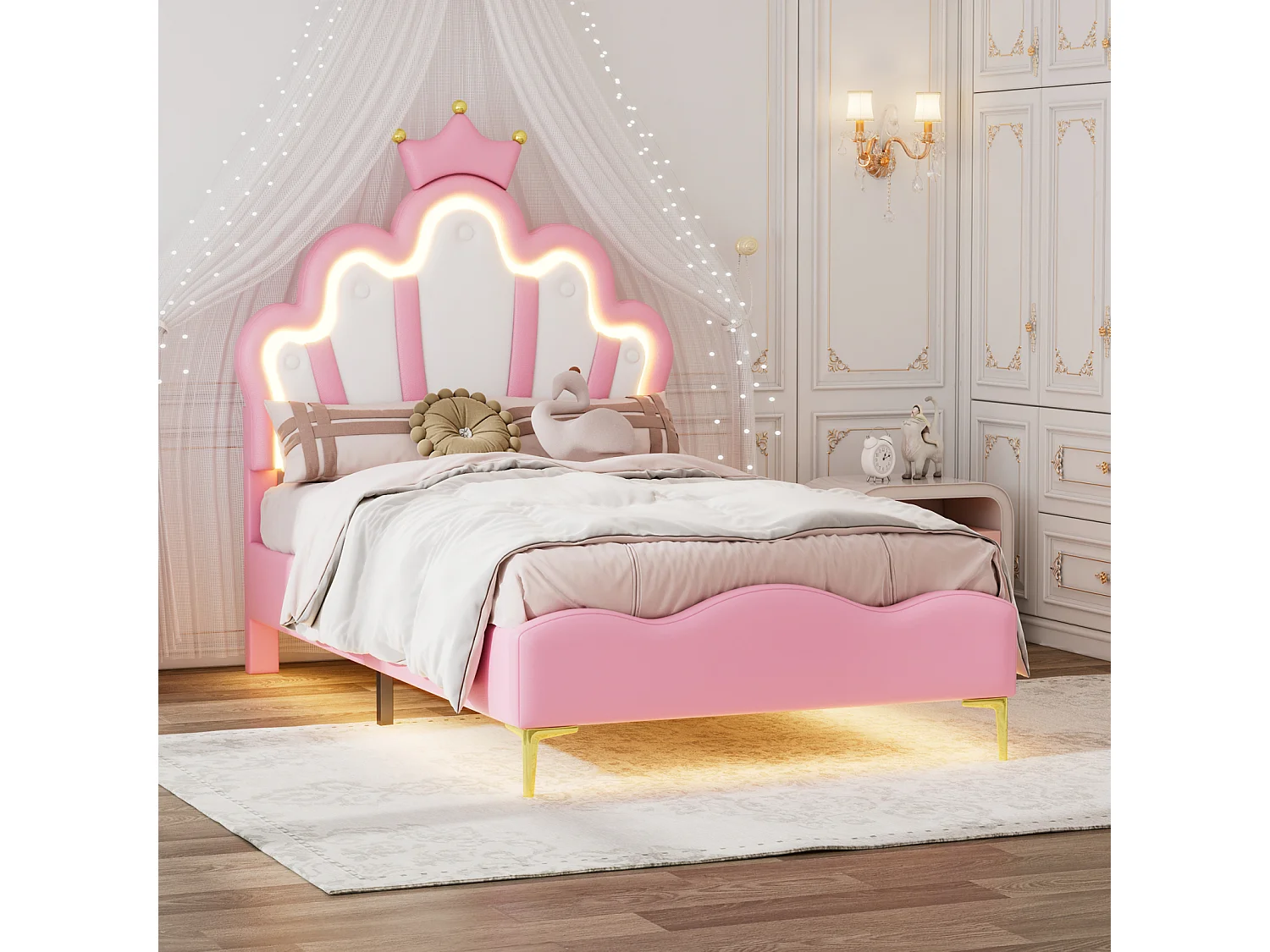 Lit Enfant 140 x 190cm, Lit pour Enfant rembourré avec LED réglable, avec tête de Fleur et sommier à Lattes, Rose