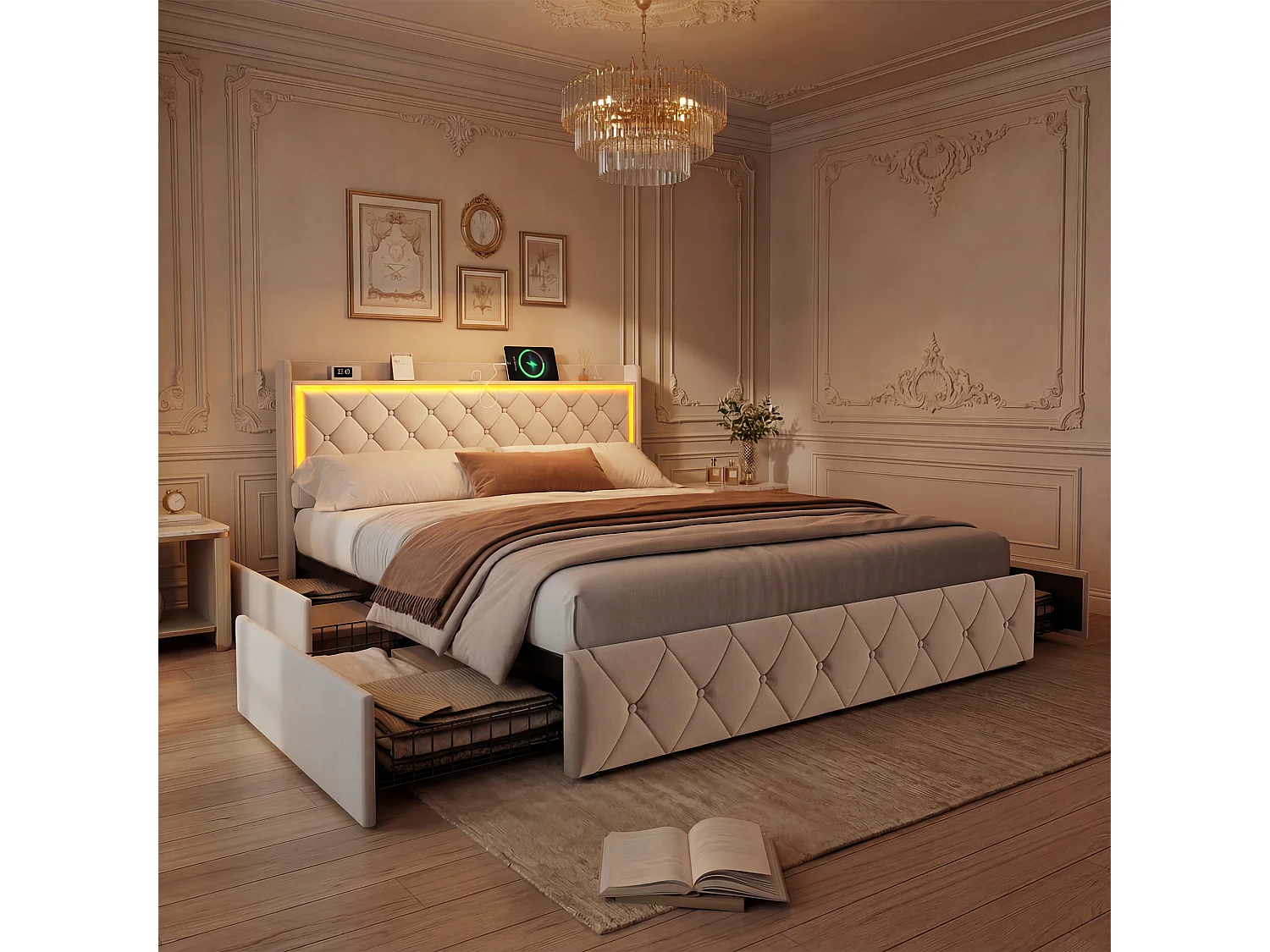 Lit 140x200 cm avec LED, ports USB, 2 tiroirs et tête de lit à rangement, sommier inclus,beige