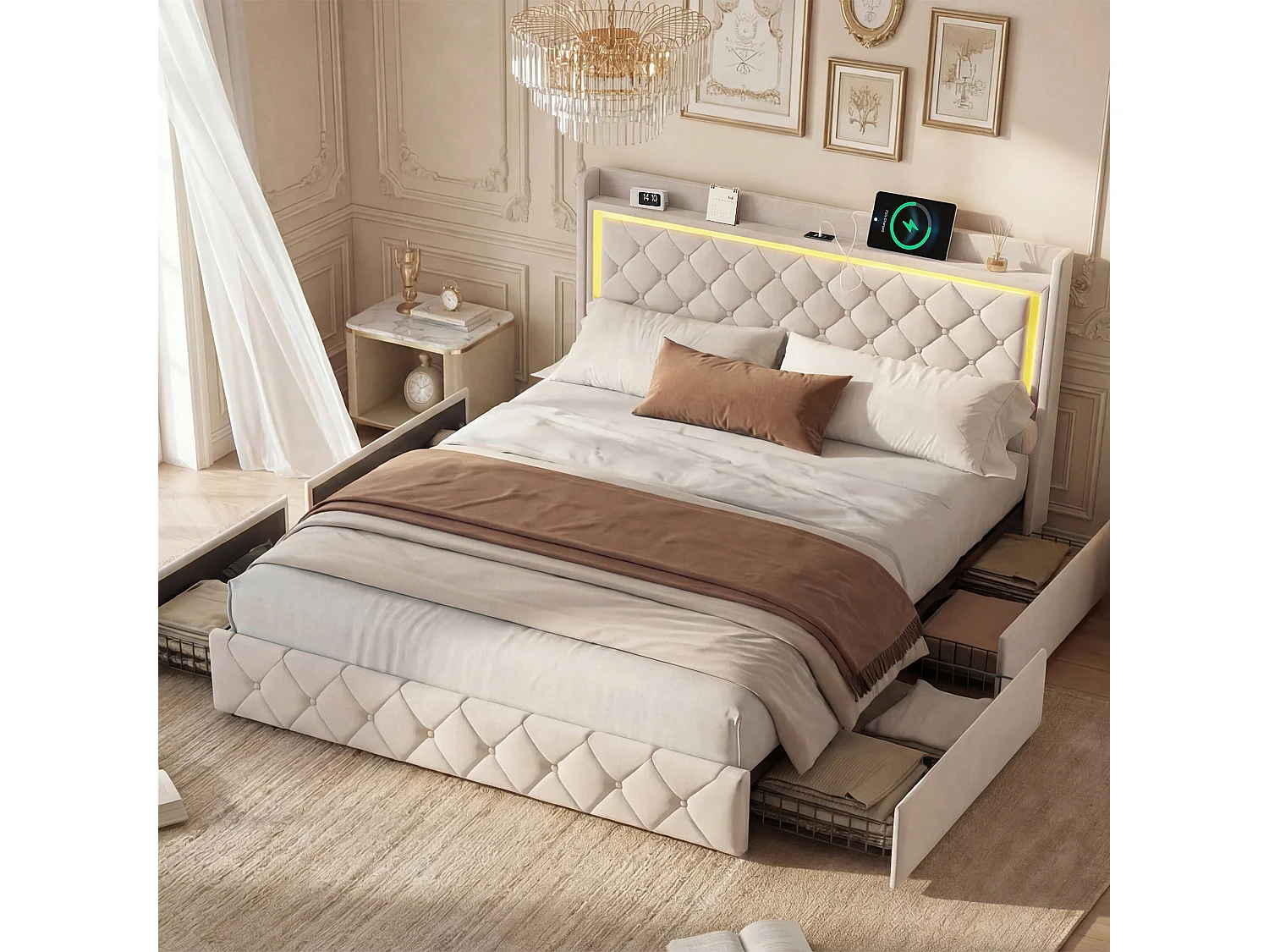 Lit 140x200 cm avec LED, ports USB, 2 tiroirs et tête de lit à rangement, sommier inclus,beige