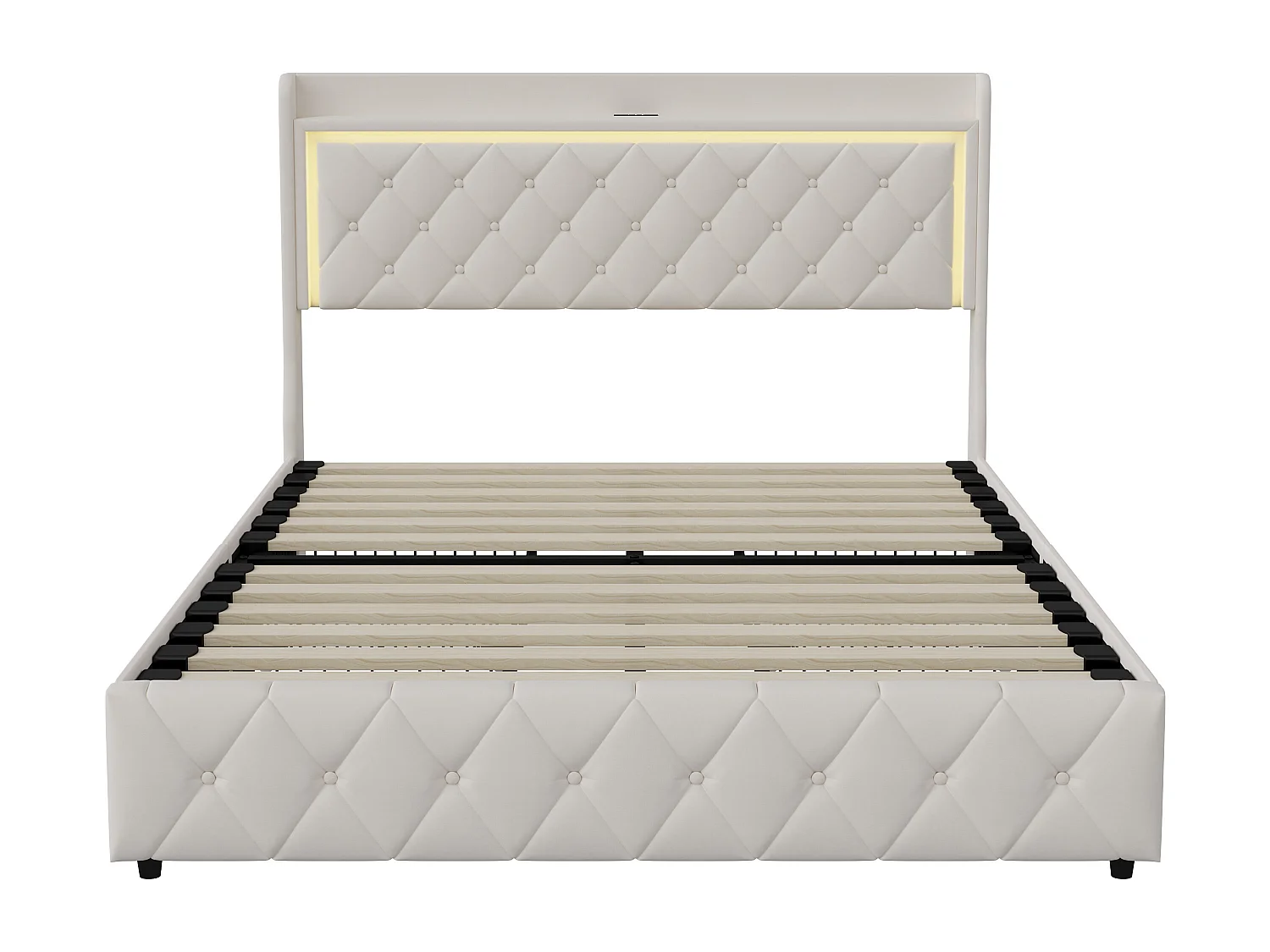Lit 140x200 cm avec LED, ports USB, 2 tiroirs et tête de lit à rangement, sommier inclus,beige