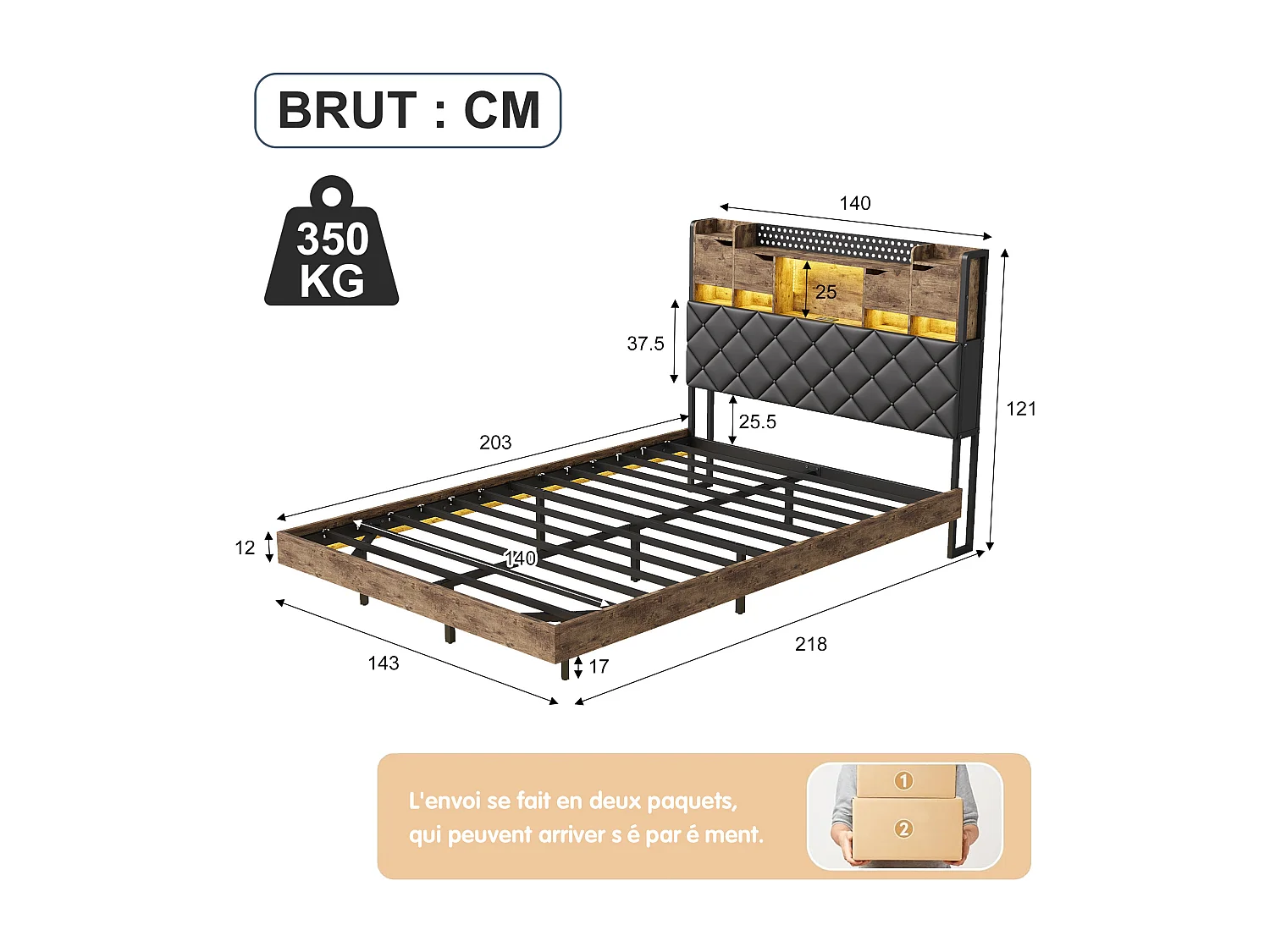Lit double 140 x 200 cm, lit suspendu avec LED, lit double rembourré en PU avec tête de lit, noir