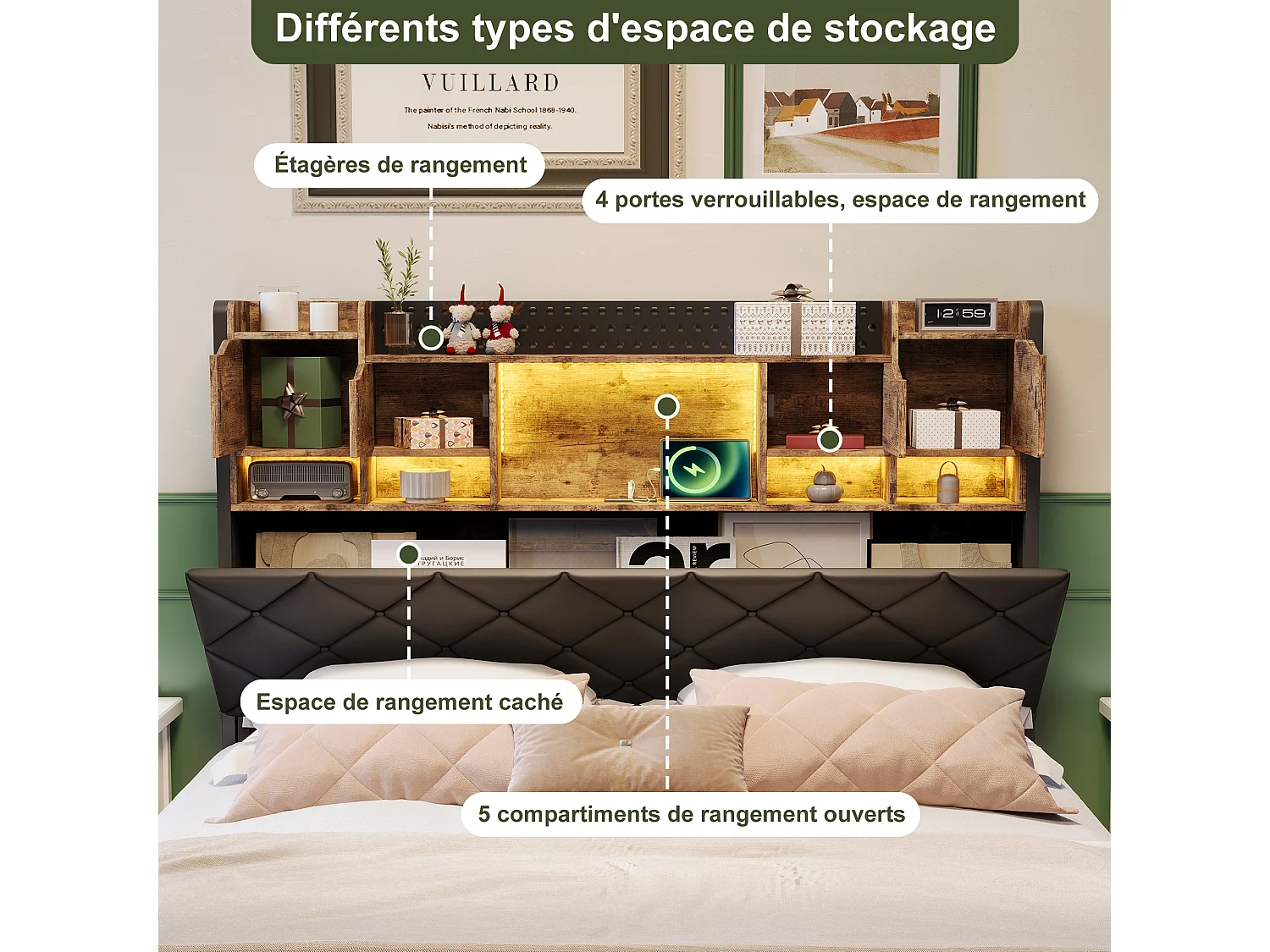 Lit double 140 x 200 cm, lit suspendu avec LED, lit double rembourré en PU avec tête de lit, noir