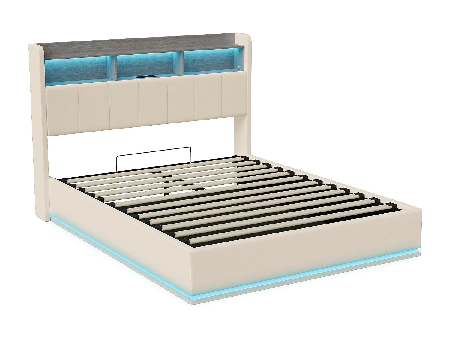 Lit Double Capitonné 140 x 190 cm, Lits Coffre avec Rangement, avec LED et USB, Velours, blanc