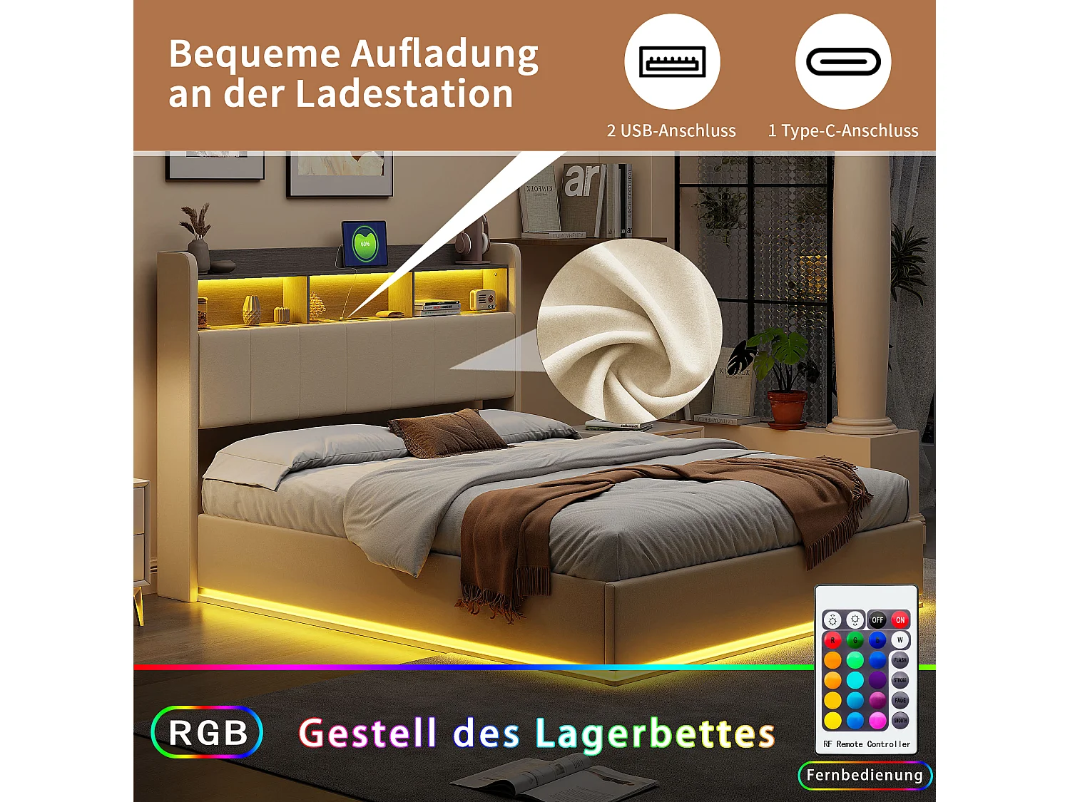 Lit Double Capitonné 140 x 190 cm, Lits Coffre avec Rangement, avec LED et USB, Velours, blanc