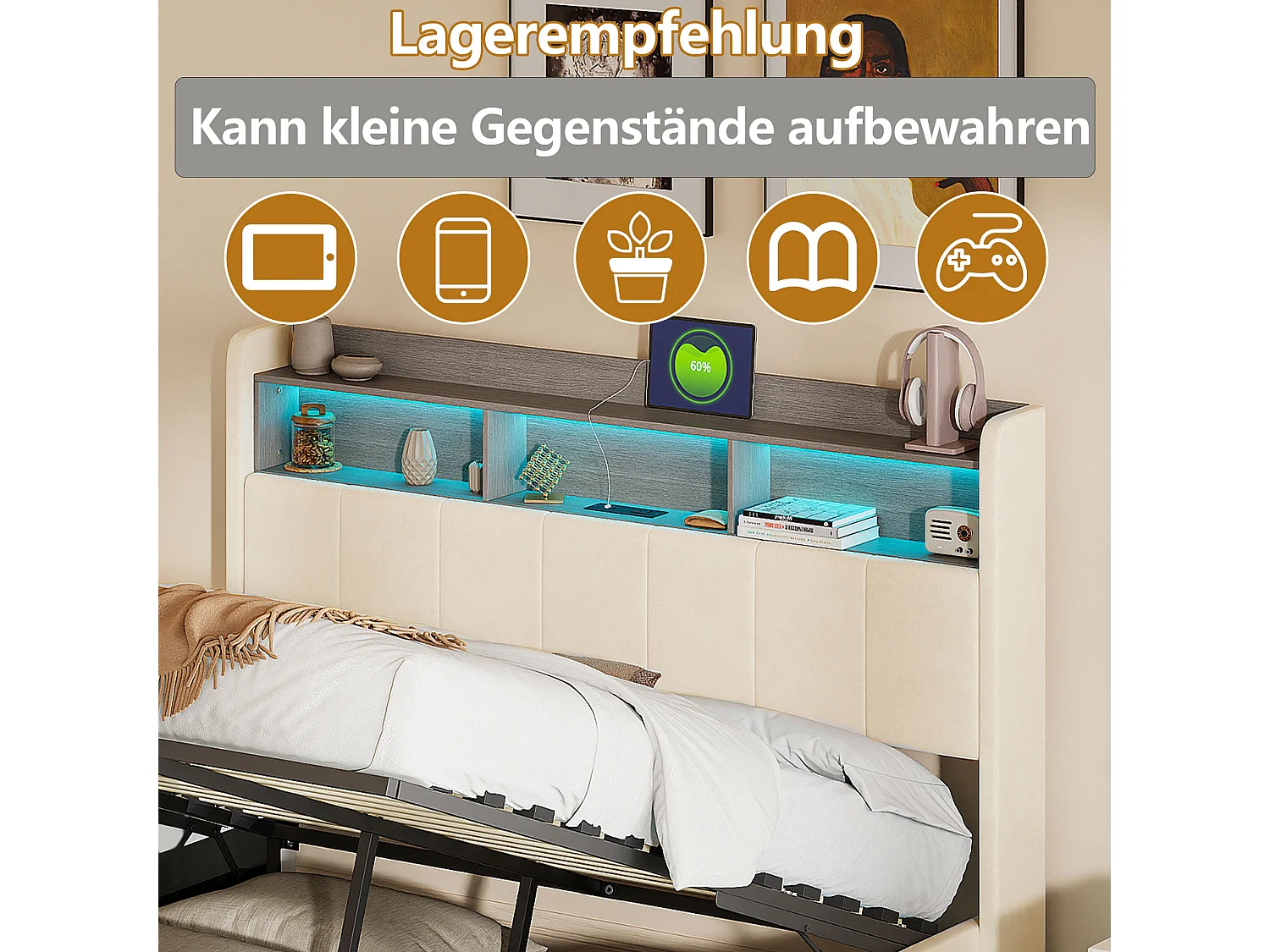 Lit Double Capitonné 140 x 190 cm, Lits Coffre avec Rangement, avec LED et USB, Velours, blanc