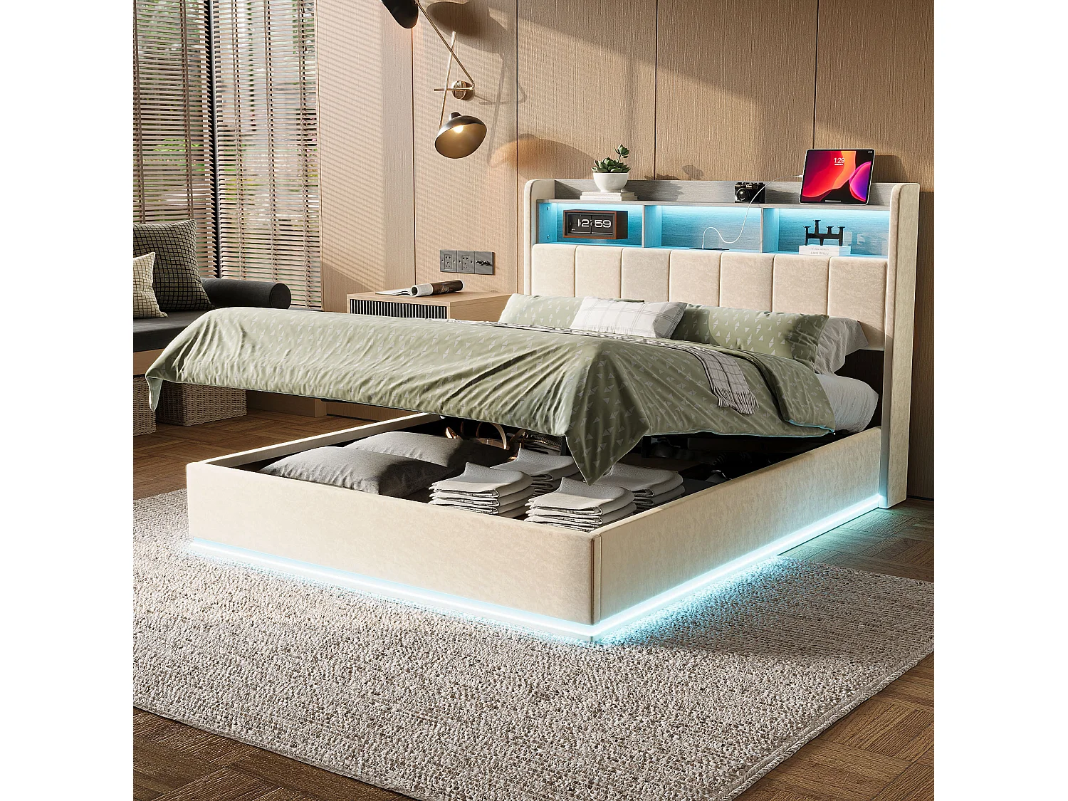 Lit Double Capitonné 140 x 190 cm, Lits Coffre avec Rangement, avec LED et USB, Velours, blanc