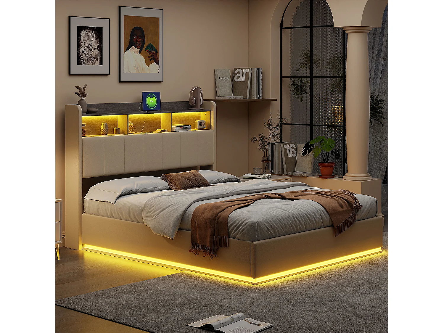 Lit Double Capitonné 140 x 190 cm, Lits Coffre avec Rangement, avec LED et USB, Velours, blanc