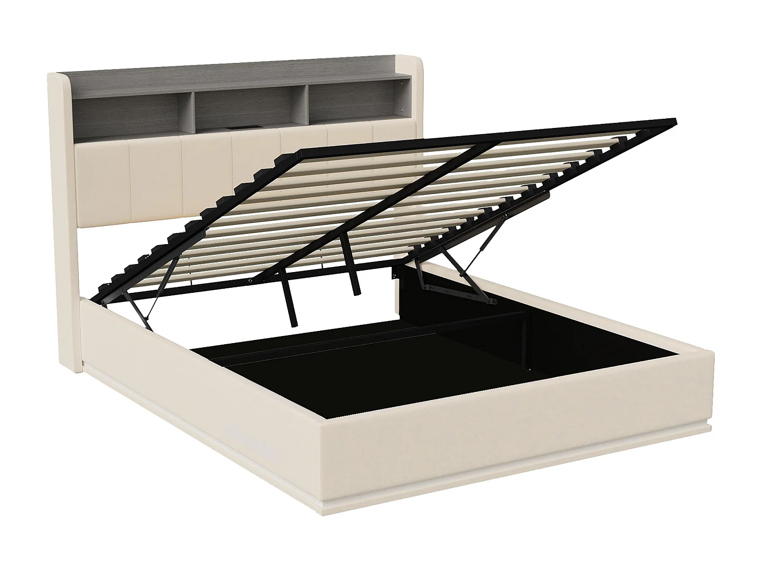 Lit Double Capitonné 140 x 190 cm, Lits Coffre avec Rangement, avec LED et USB, Velours, blanc