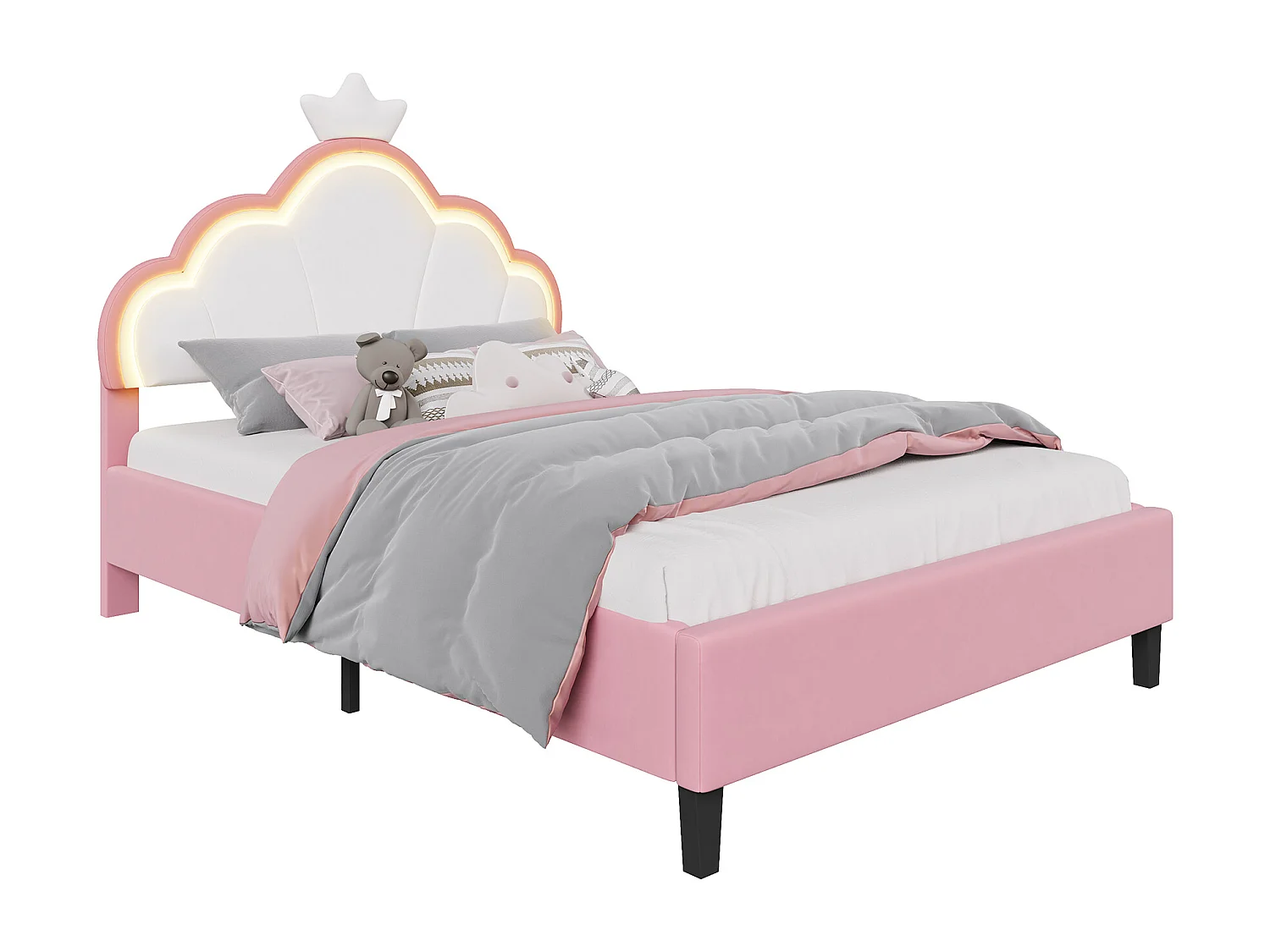 Lit Rembourré 140 x 190 cm lit Princesse en Forme de Couronne, avec LED, avec Tête de lit réglable, Rose