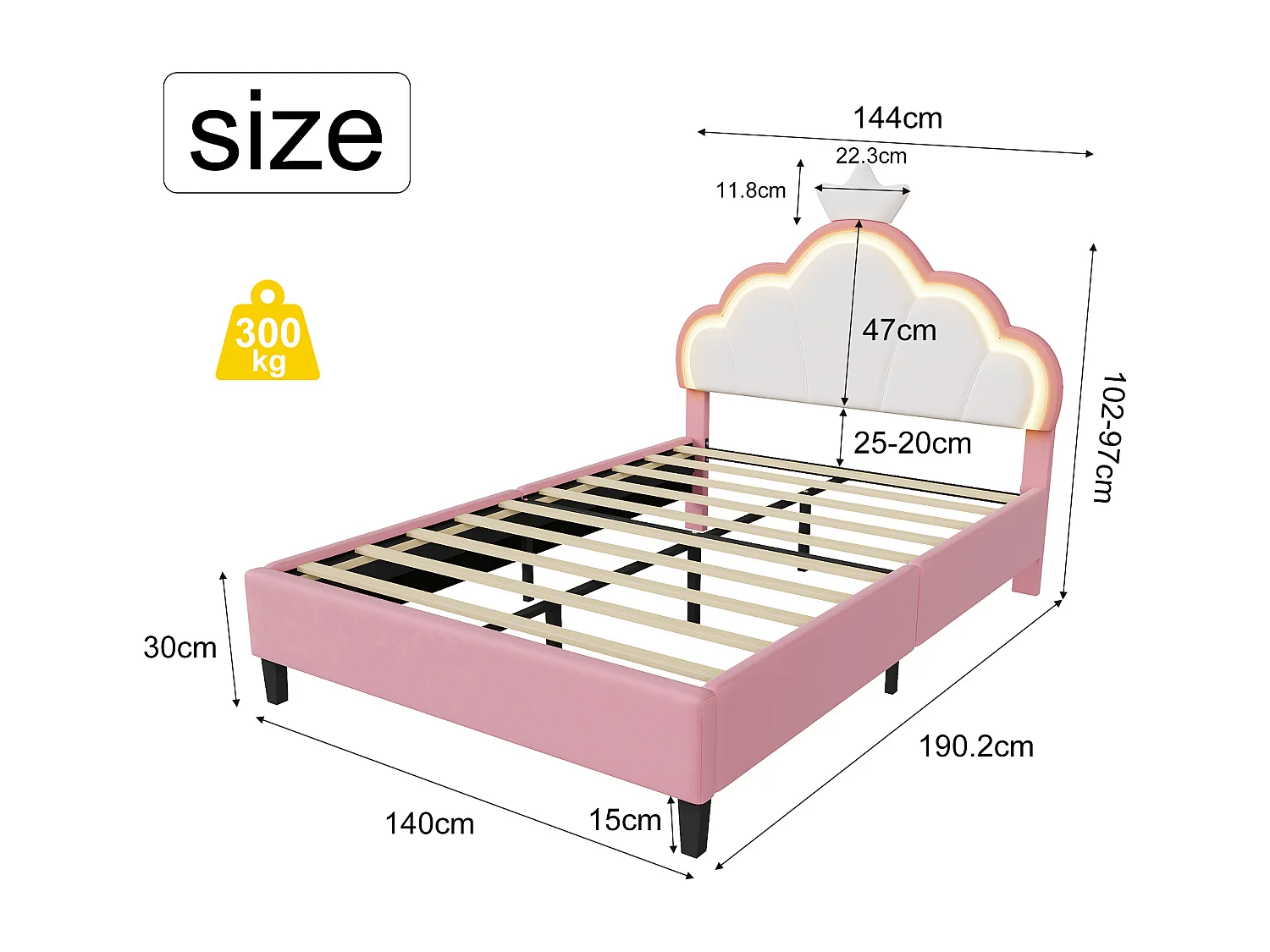 Lit Rembourré 140 x 190 cm lit Princesse en Forme de Couronne, avec LED, avec Tête de lit réglable, Rose