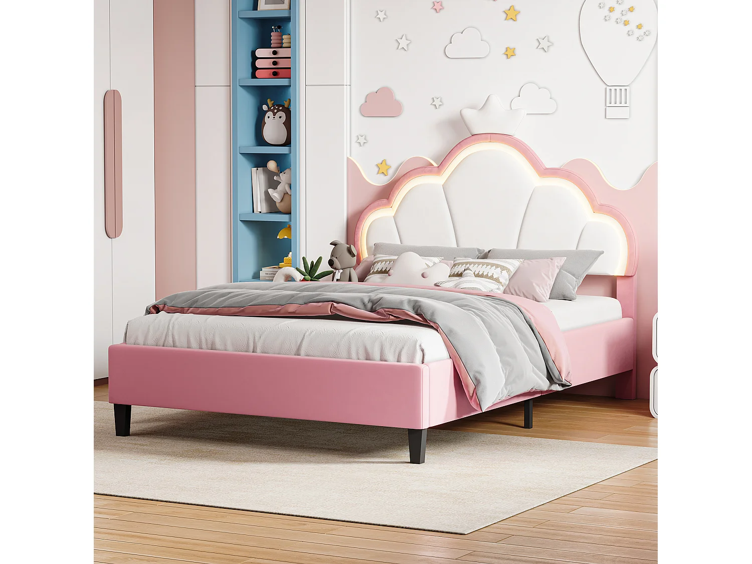 Lit Rembourré 140 x 190 cm lit Princesse en Forme de Couronne, avec LED, avec Tête de lit réglable, Rose