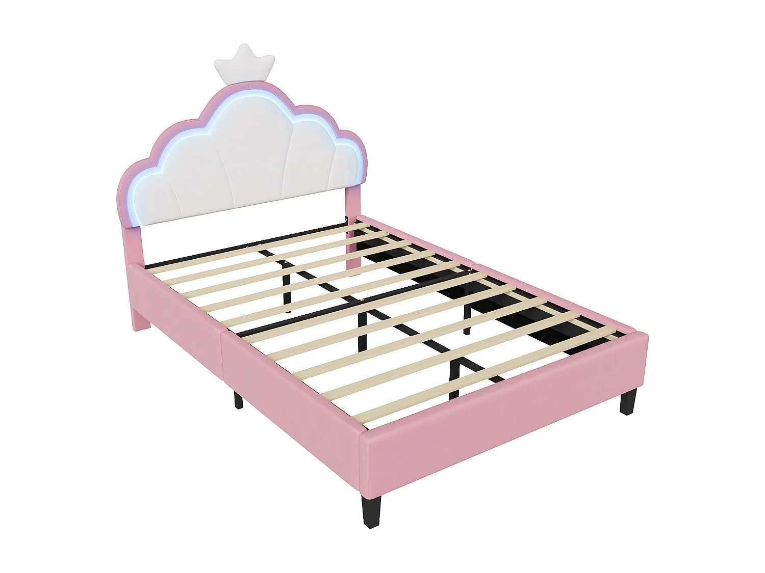 Lit Rembourré 140 x 190 cm lit Princesse en Forme de Couronne, avec LED, avec Tête de lit réglable, Rose