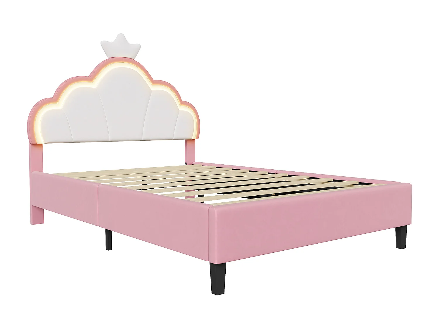 Lit Rembourré 140 x 190 cm lit Princesse en Forme de Couronne, avec LED, avec Tête de lit réglable, Rose