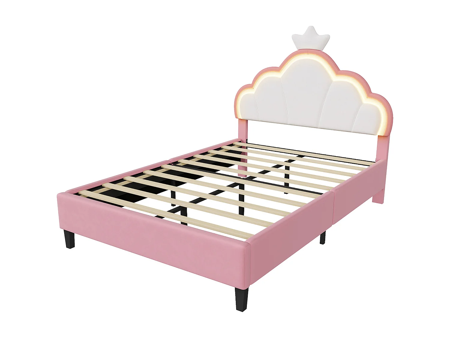 Lit Rembourré 140 x 190 cm lit Princesse en Forme de Couronne, avec LED, avec Tête de lit réglable, Rose