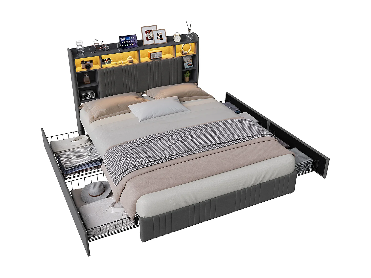 Cama tapizada de 160 x 200 cm con LED y USB, cama doble con 4 cajones, cabecero con espacio de almacenamiento, lino, gris.