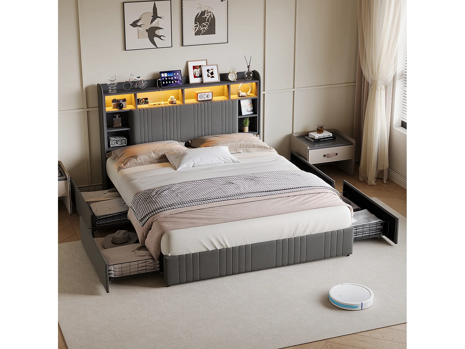 Cama tapizada de 160 x 200 cm con LED y USB, cama doble con 4 cajones, cabecero con espacio de almacenamiento, lino, gris.
