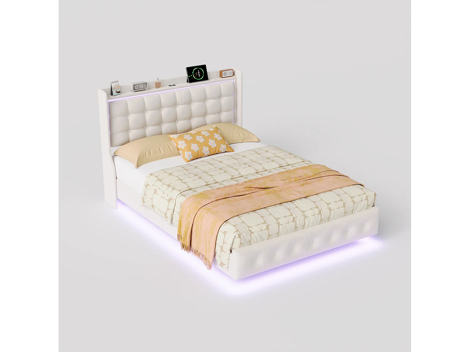 Cama doble, estructura de cama de 160 x 200 cm, estructura flotante con LED y puertos USB, cabecero acolchado, color blanco.
