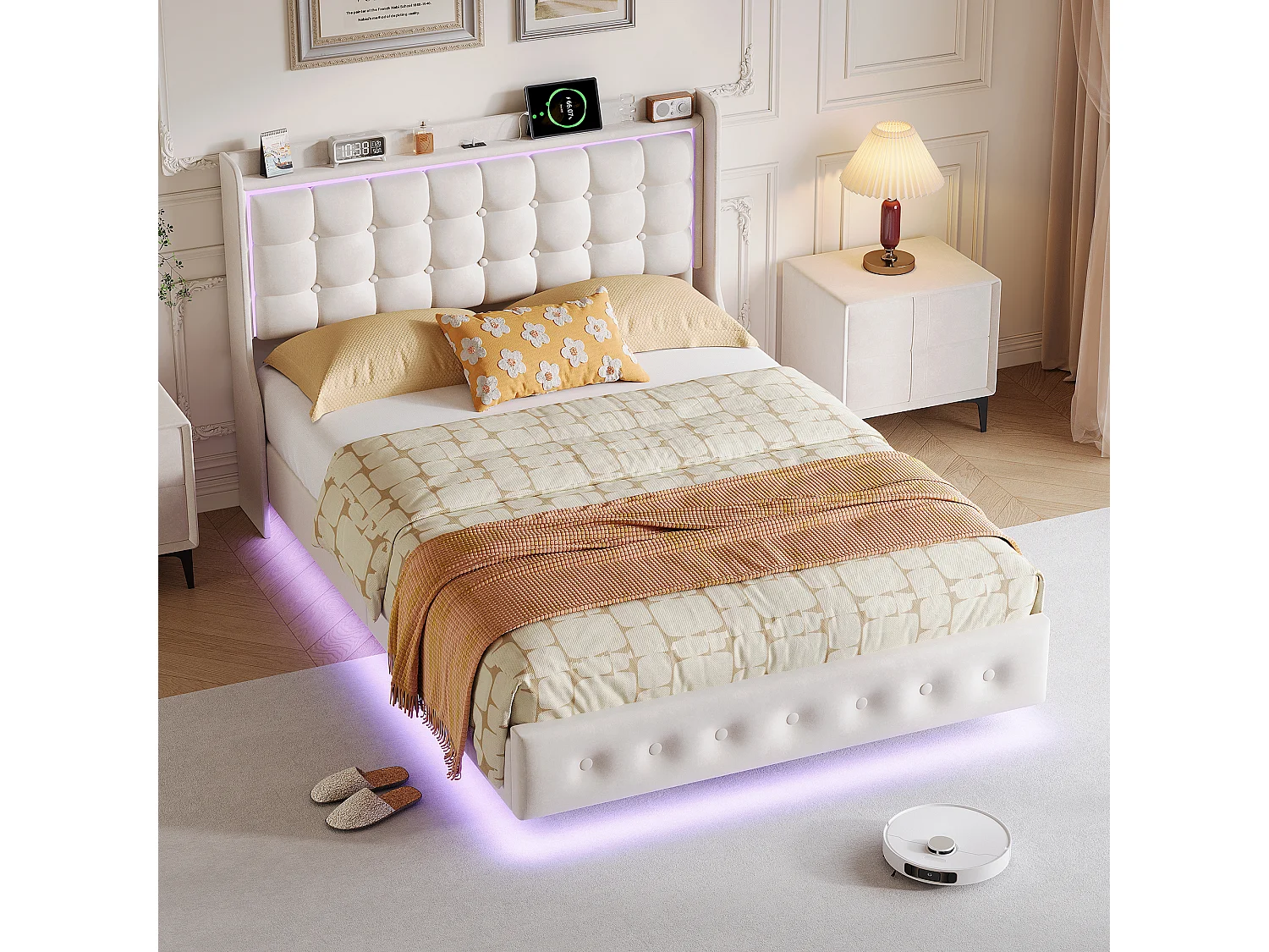 Cama doble, estructura de cama de 160 x 200 cm, estructura flotante con LED y puertos USB, cabecero acolchado, color blanco.