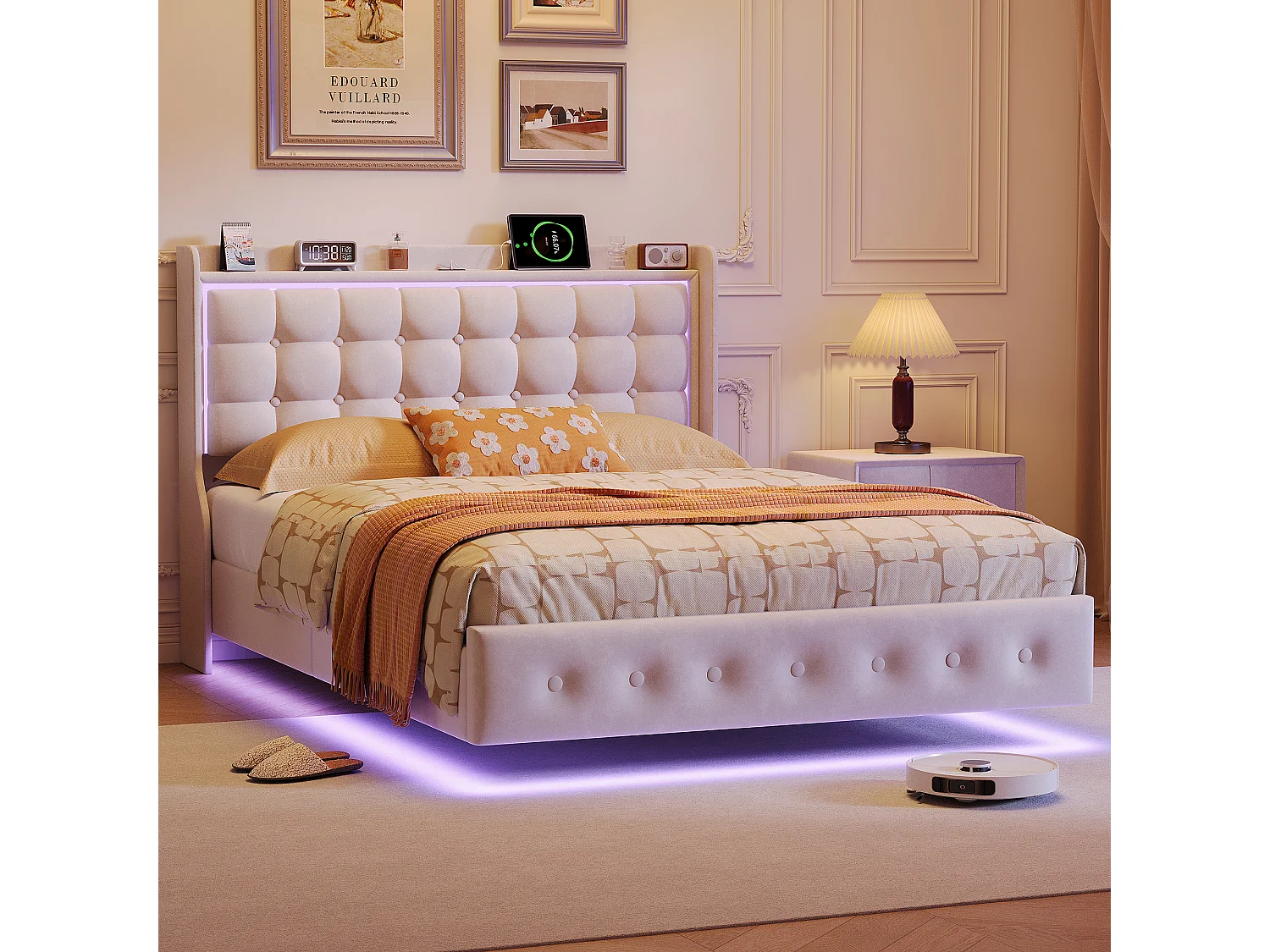 Cama doble, estructura de cama de 160 x 200 cm, estructura flotante con LED y puertos USB, cabecero acolchado, color blanco.