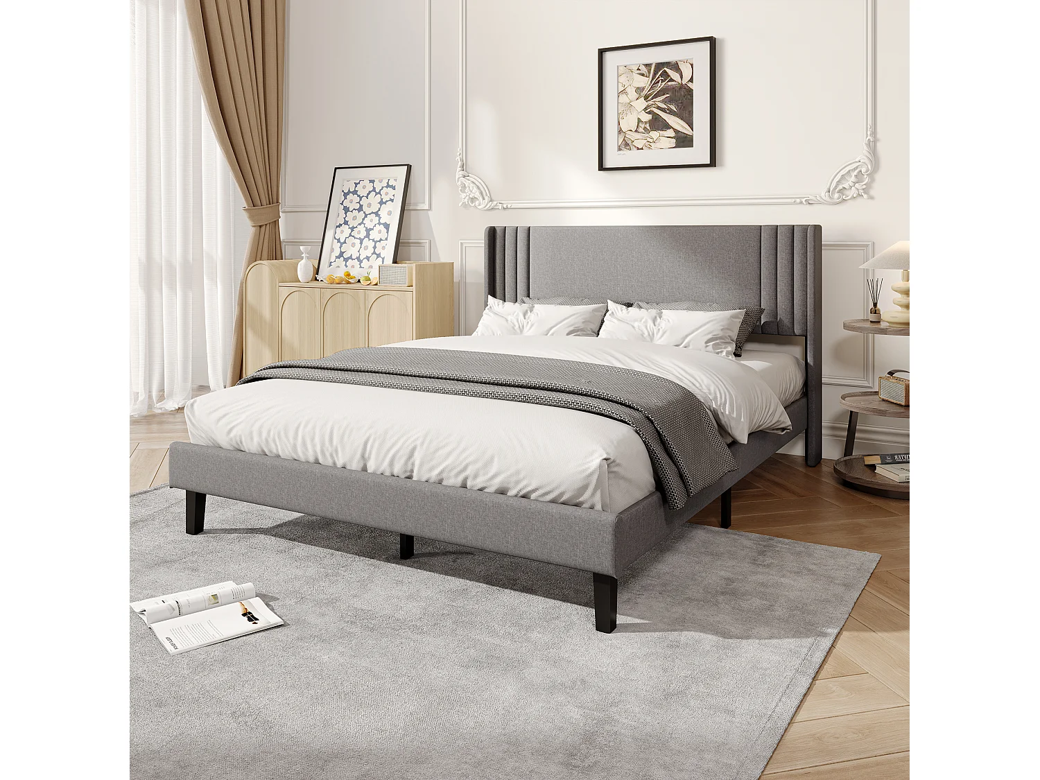 Lit Capitonné 160 x 200 cm, Cadre de Lits avec Sommier à Lattes et Tête Capitonnée, Lin, Gris