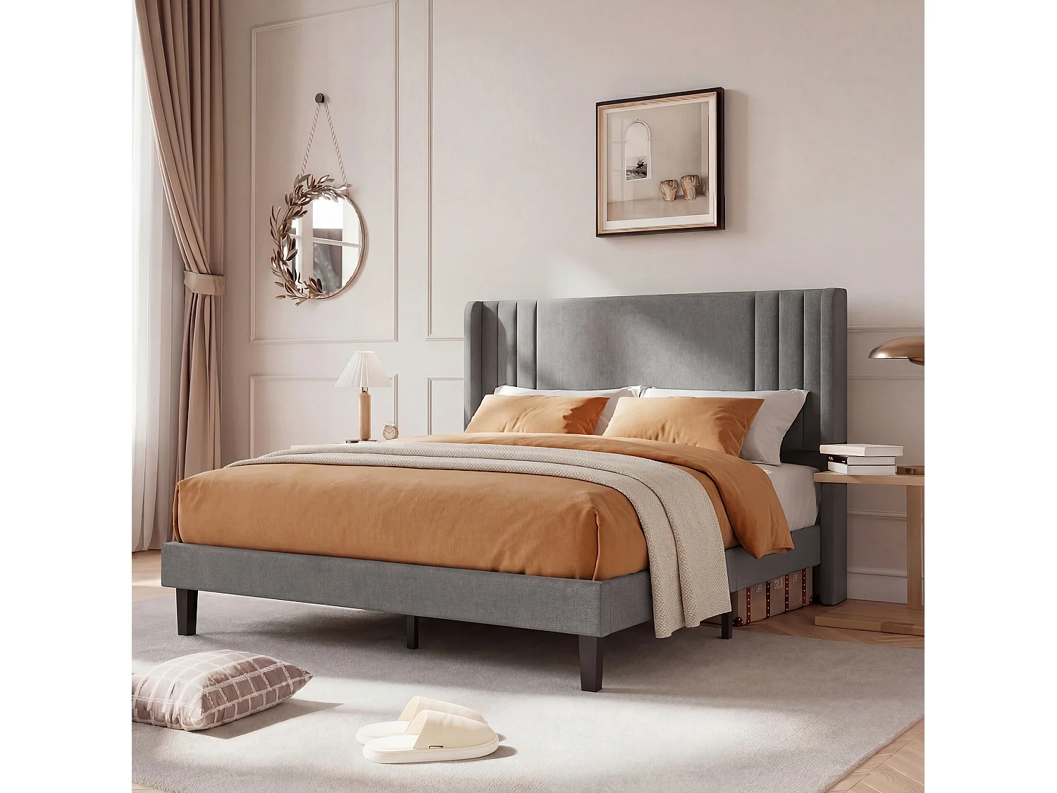Lit Capitonné 160 x 200 cm, Cadre de Lits avec Sommier à Lattes et Tête Capitonnée, Lin, Gris