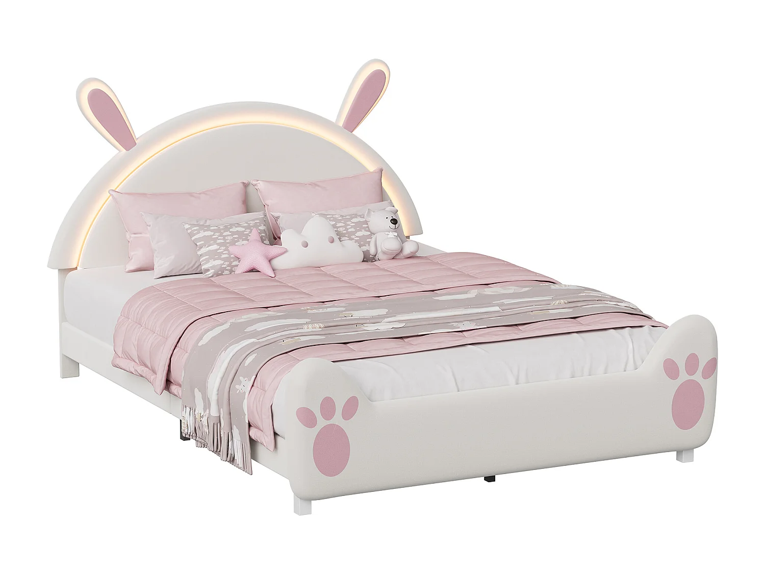 Kinderbett 140 x 200 cm, LED-Beleuchtung, gepolstertes Bett mit Hasenohren, verstellbares Kopfteil, Samt, weiß und rosa