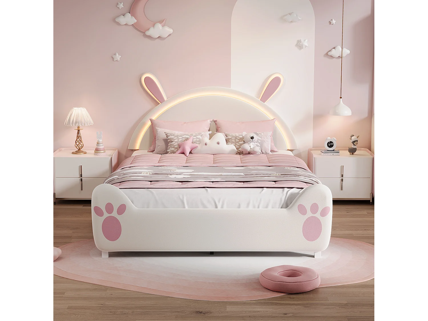 Kinderbett 140 x 200 cm, LED-Beleuchtung, gepolstertes Bett mit Hasenohren, verstellbares Kopfteil, Samt, weiß und rosa