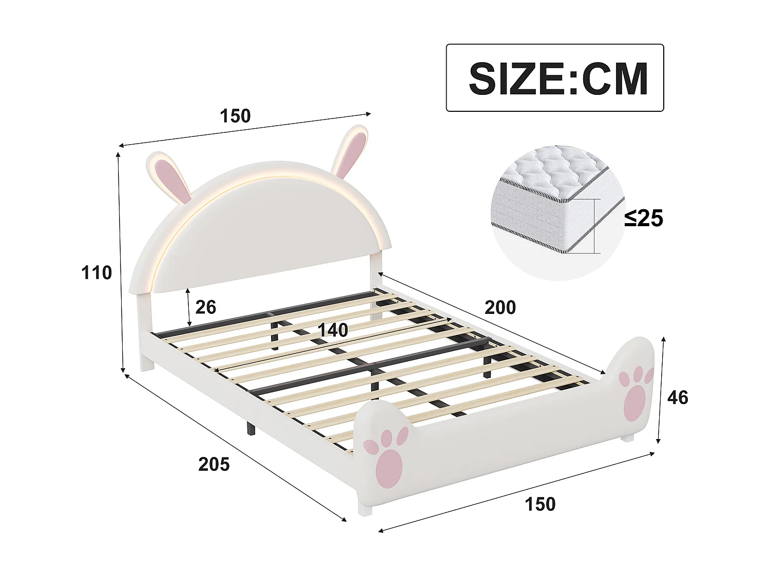 Kinderbett 140 x 200 cm, LED-Beleuchtung, gepolstertes Bett mit Hasenohren, verstellbares Kopfteil, Samt, weiß und rosa