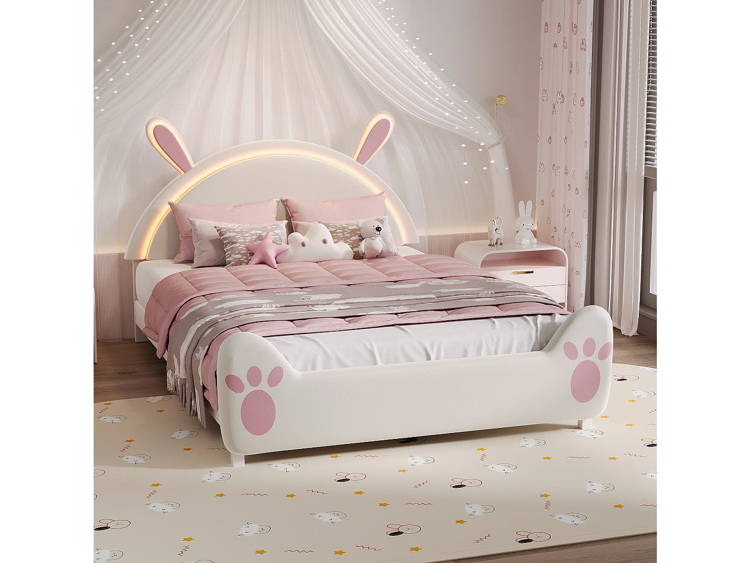 Kinderbett 140 x 200 cm, LED-Beleuchtung, gepolstertes Bett mit Hasenohren, verstellbares Kopfteil, Samt, weiß und rosa