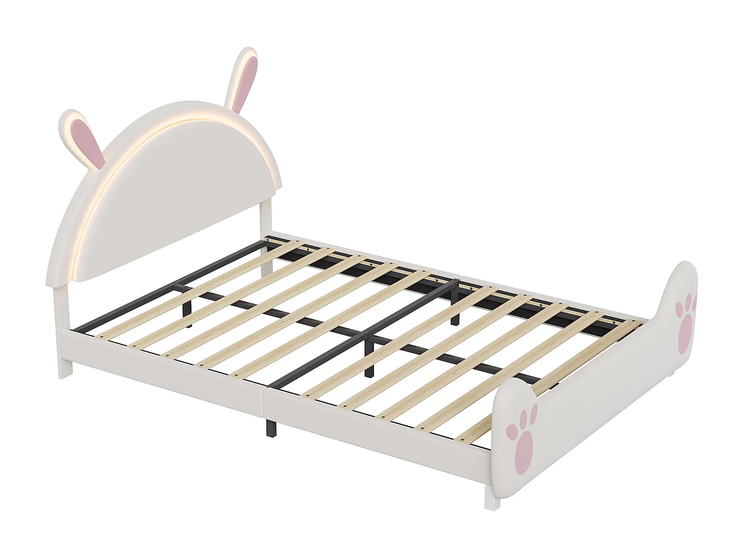 Kinderbett 140 x 200 cm, LED-Beleuchtung, gepolstertes Bett mit Hasenohren, verstellbares Kopfteil, Samt, weiß und rosa