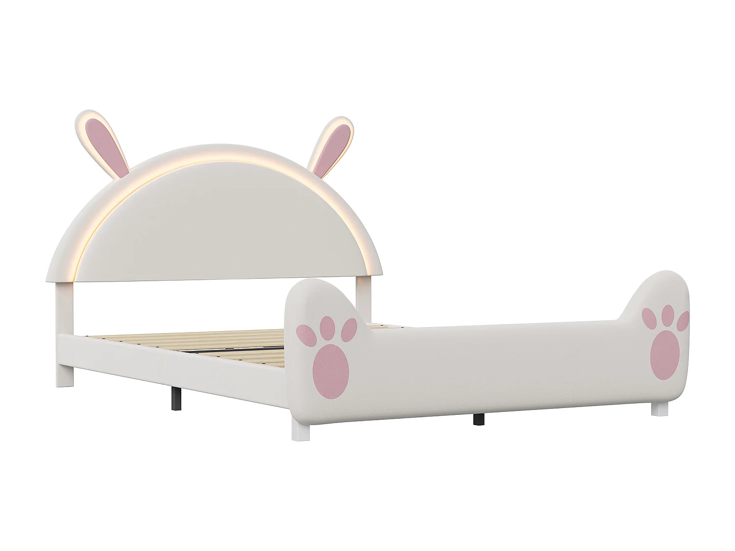Kinderbett 140 x 200 cm, LED-Beleuchtung, gepolstertes Bett mit Hasenohren, verstellbares Kopfteil, Samt, weiß und rosa