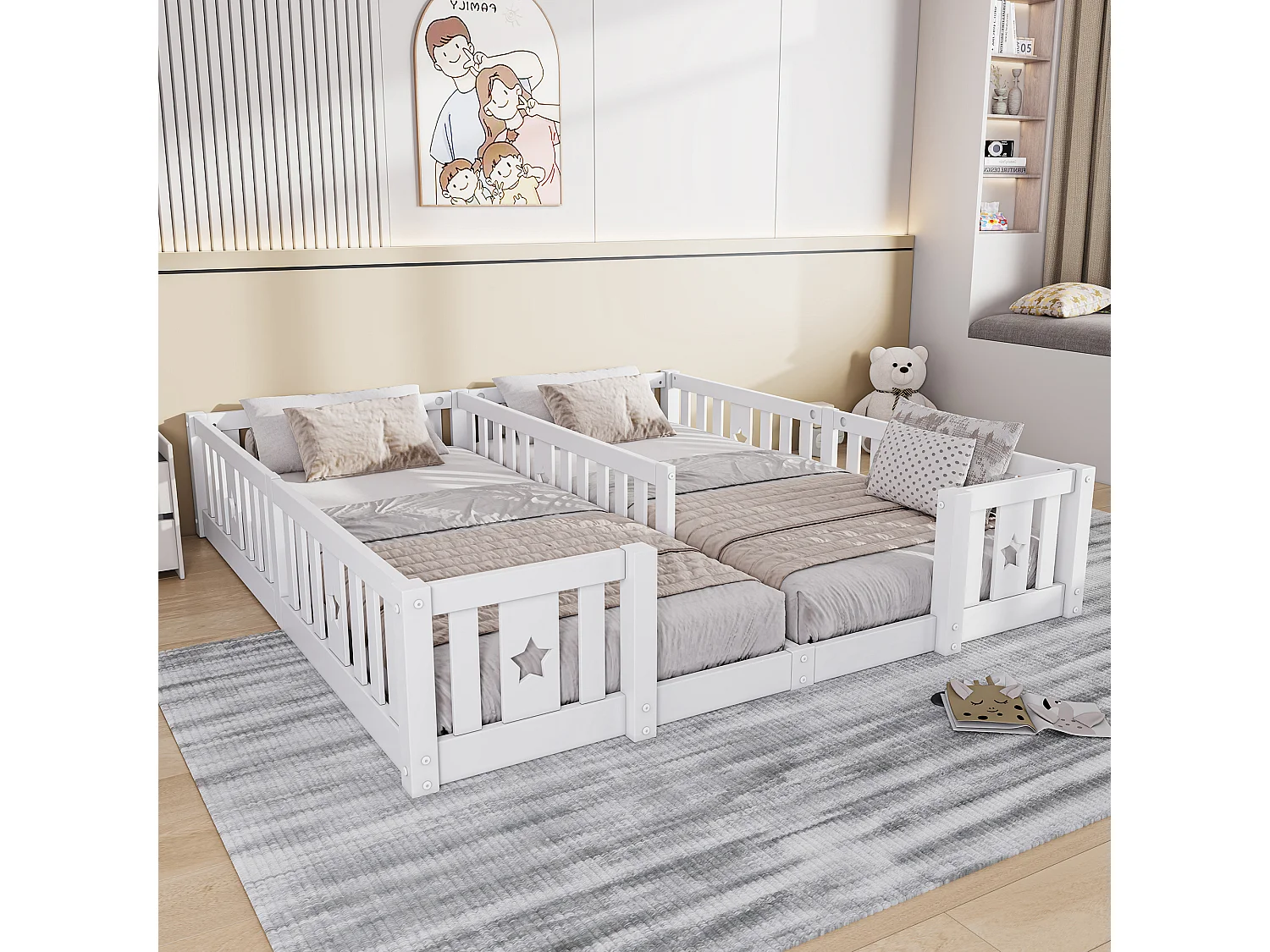 Lit Montessori au sol, bois massif pin, 2 lits 90 x 200 cm avec barrières étoile, sommier à lattes, Blanc