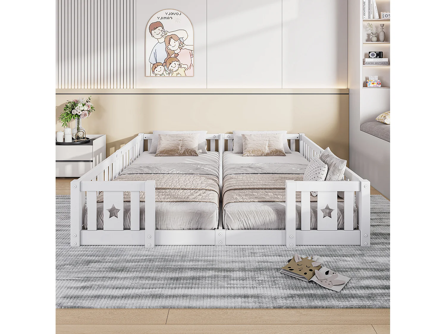 Lit Montessori au sol, bois massif pin, 2 lits 90 x 200 cm avec barrières étoile, sommier à lattes, Blanc