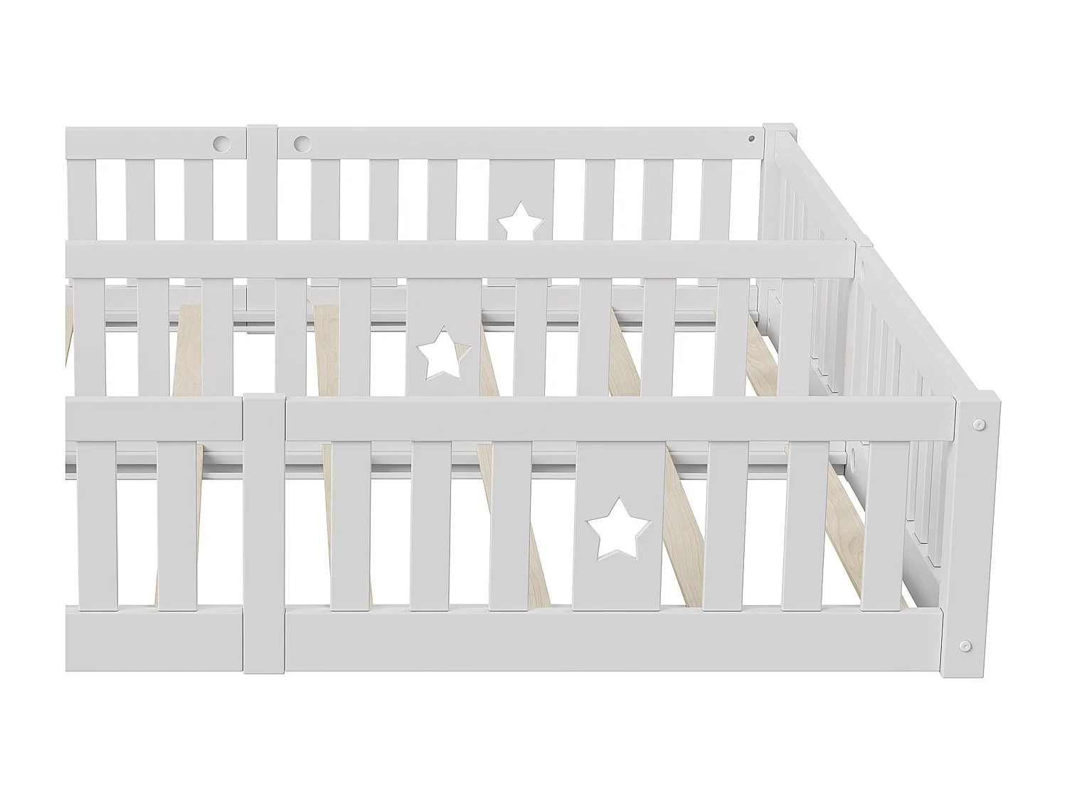 Lit Montessori au sol, bois massif pin, 2 lits 90 x 200 cm avec barrières étoile, sommier à lattes, Blanc