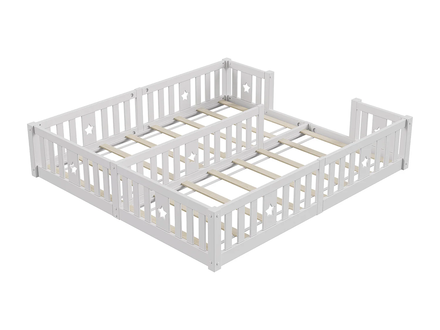 Lit Montessori au sol, bois massif pin, 2 lits 90 x 200 cm avec barrières étoile, sommier à lattes, Blanc