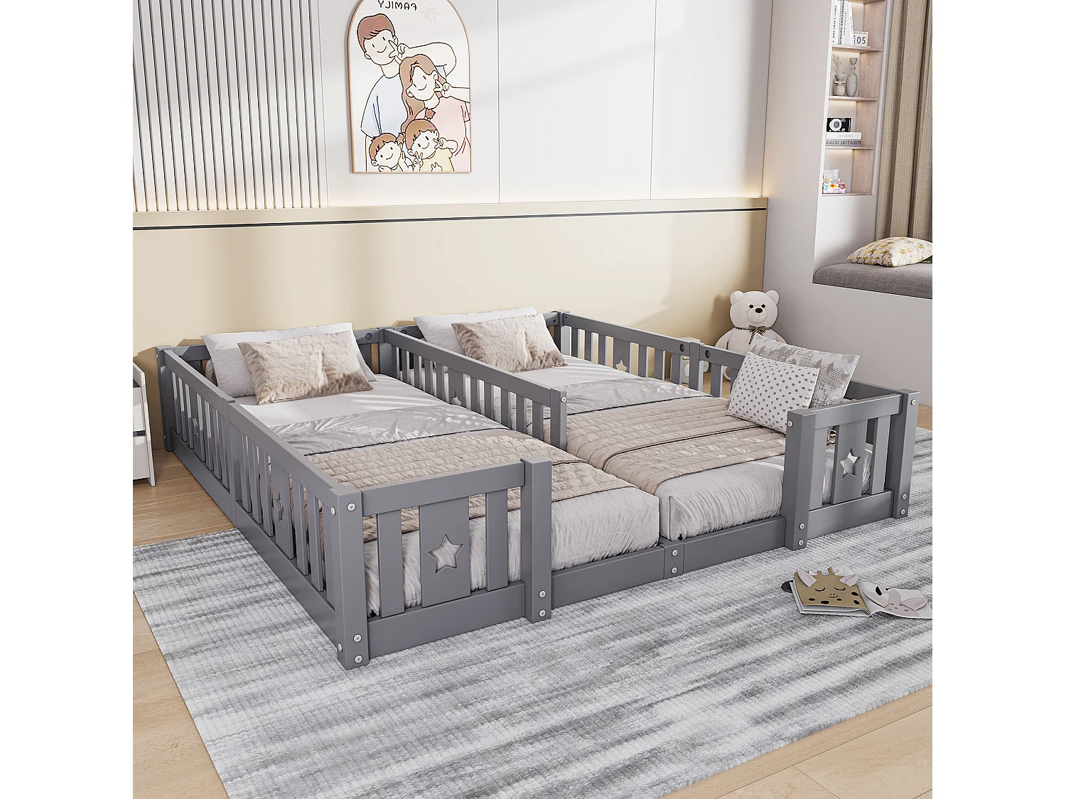 Letto Montessori da pavimento 90x200 cm con sistema anticaduta, letto matrimoniale per bambini senza rete a doghe né materasso, grigio.