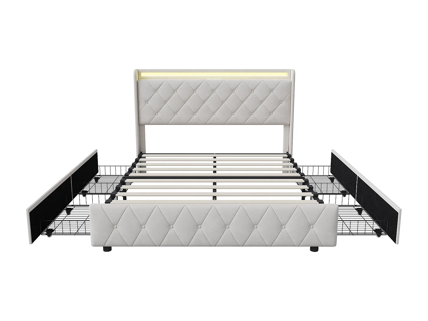 Letto imbottito 140 x 200 cm con LED e USB-C – Letto matrimoniale con 4 cassetti contenitore, velluto, beige