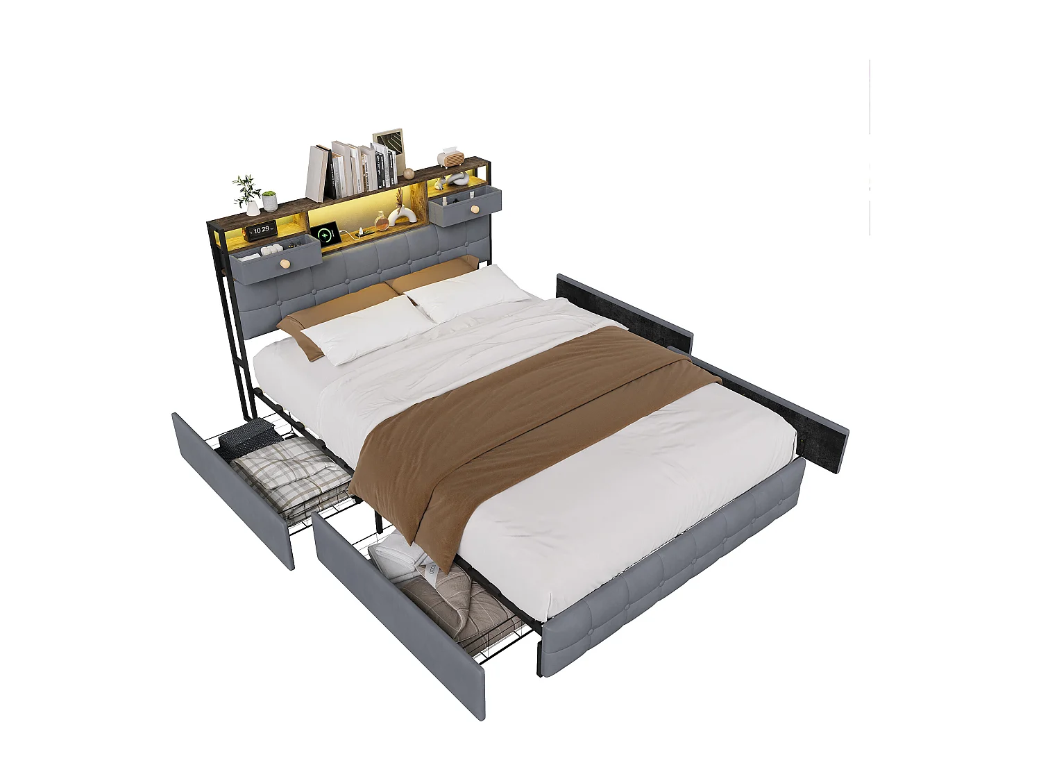 Lit Double 160 x 200 cm avec 4 Tiroirs, Lit Rembourré avec LED et Ports USB, Sommier à Lattes, Velours, Gris