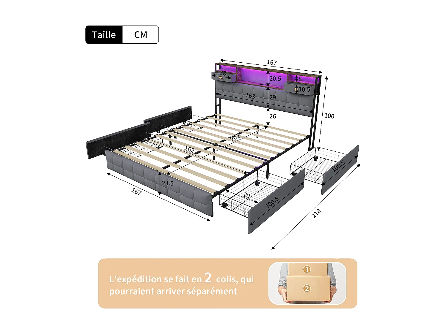 Lit Double 160 x 200 cm avec 4 Tiroirs, Lit Rembourré avec LED et Ports USB, Sommier à Lattes, Velours, Gris