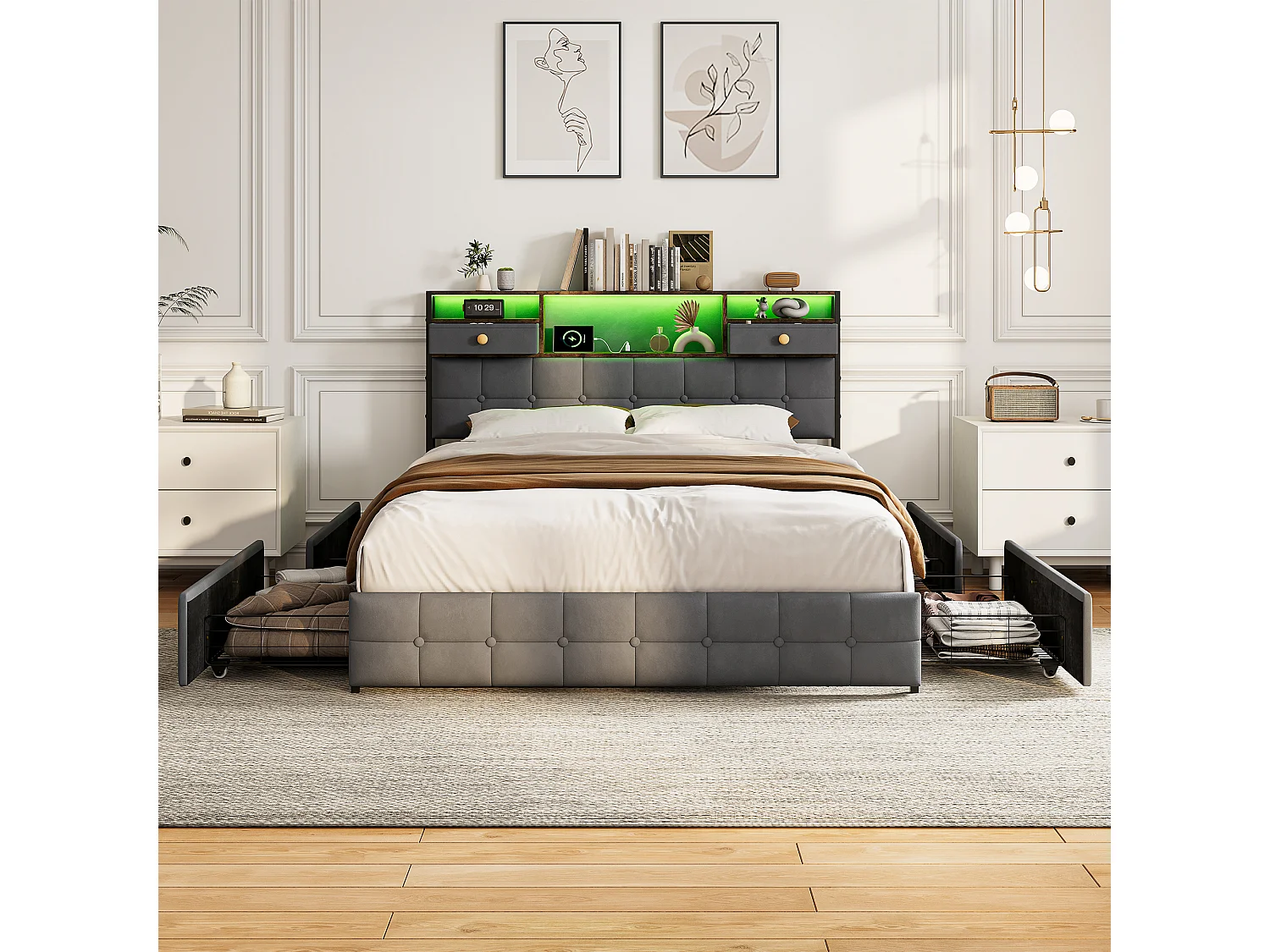 Lit Double 160 x 200 cm avec 4 Tiroirs, Lit Rembourré avec LED et Ports USB, Sommier à Lattes, Velours, Gris