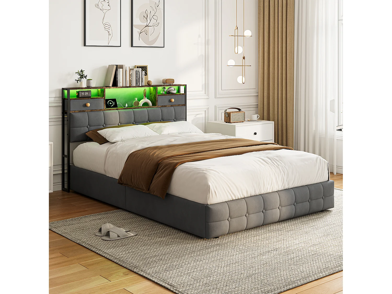 Lit Double 160 x 200 cm avec 4 Tiroirs, Lit Rembourré avec LED et Ports USB, Sommier à Lattes, Velours, Gris