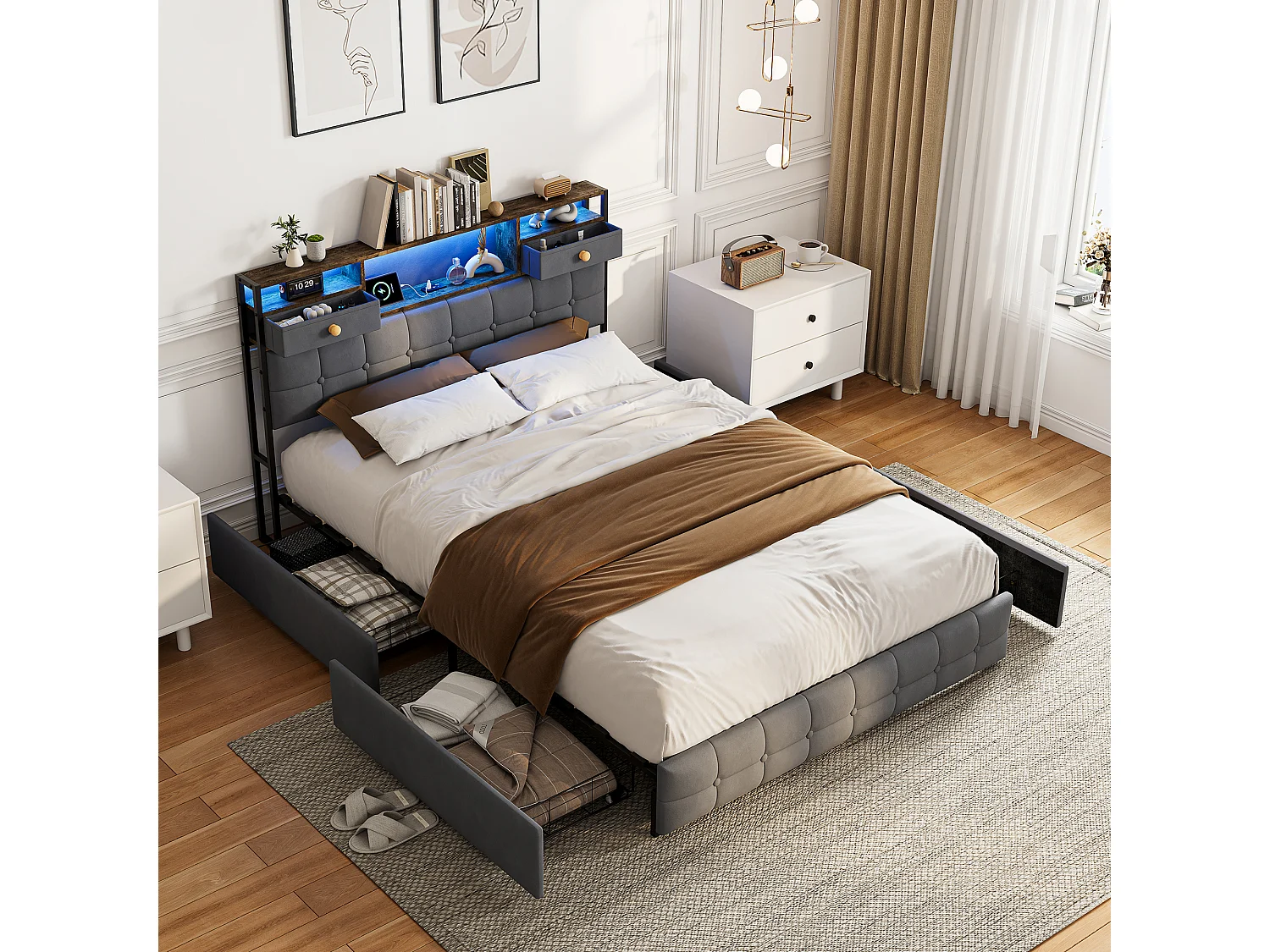 Lit Double 160 x 200 cm avec 4 Tiroirs, Lit Rembourré avec LED et Ports USB, Sommier à Lattes, Velours, Gris