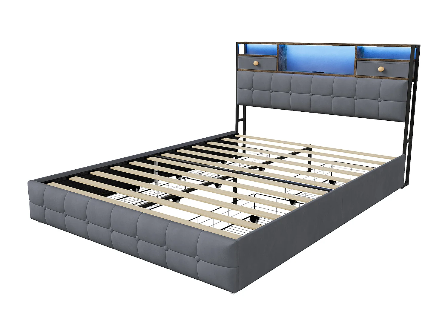 Lit Double 160 x 200 cm avec 4 Tiroirs, Lit Rembourré avec LED et Ports USB, Sommier à Lattes, Velours, Gris