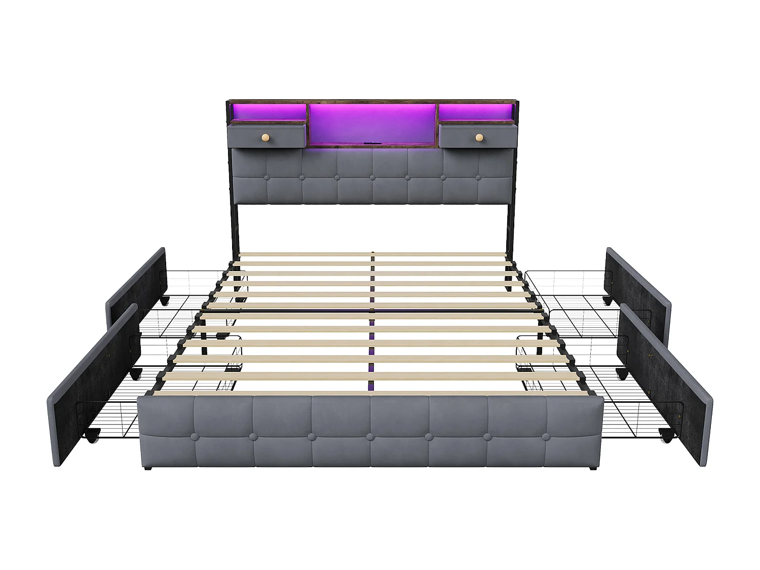 Lit Double 160 x 200 cm avec 4 Tiroirs, Lit Rembourré avec LED et Ports USB, Sommier à Lattes, Velours, Gris