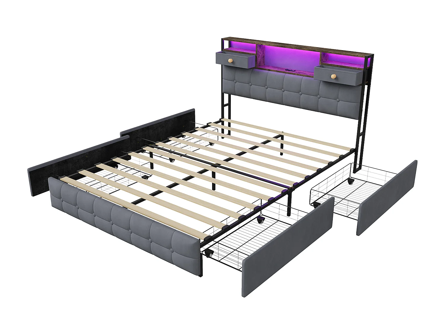 Lit Double 160 x 200 cm avec 4 Tiroirs, Lit Rembourré avec LED et Ports USB, Sommier à Lattes, Velours, Gris