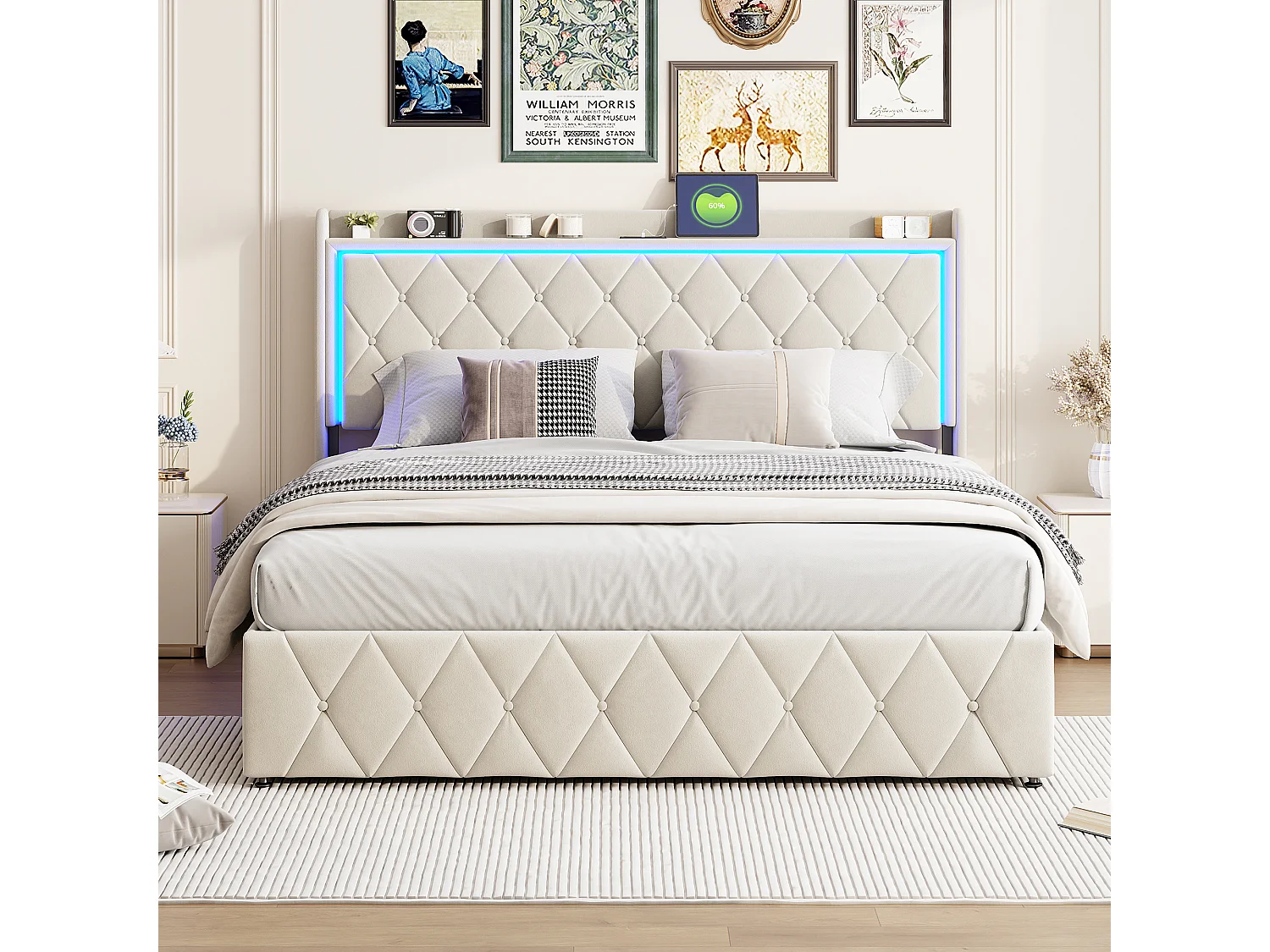 Lit Capitonné 140x190cm, avec LED et Fonction de Charge USB, avec Espace de Rangement,Velours, Beige