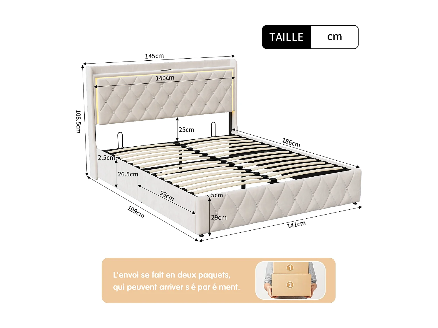 Lit Capitonné 140x190cm, avec LED et Fonction de Charge USB, avec Espace de Rangement,Velours, Beige
