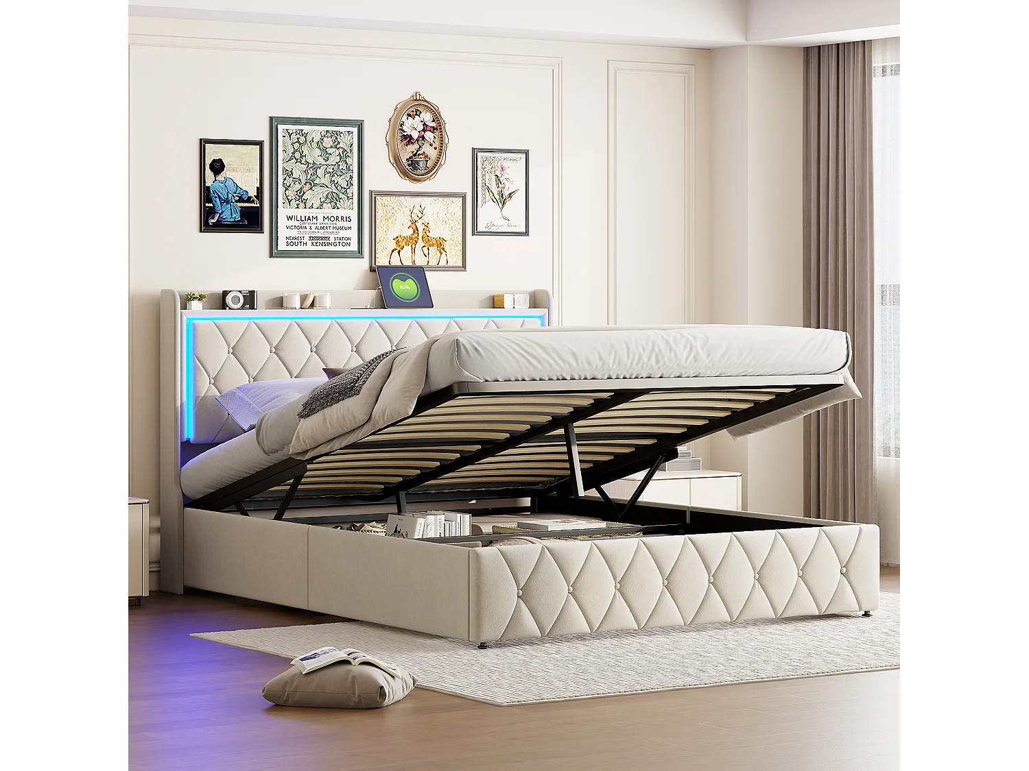 Lit Capitonné 140x190cm, avec LED et Fonction de Charge USB, avec Espace de Rangement,Velours, Beige
