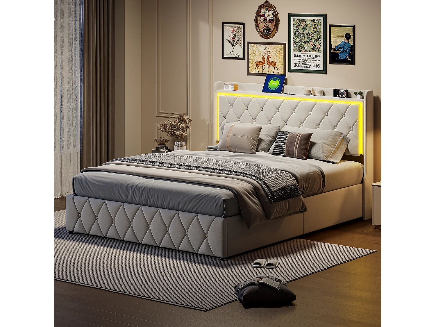 Lit Capitonné 140x190cm, avec LED et Fonction de Charge USB, avec Espace de Rangement,Velours, Beige